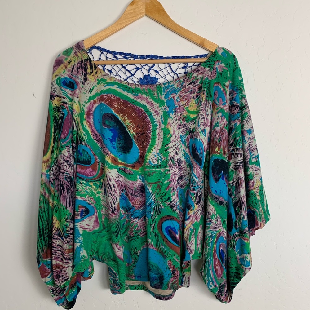 Sky Peasant Top in Green, Blue and Purple Peafowl Print